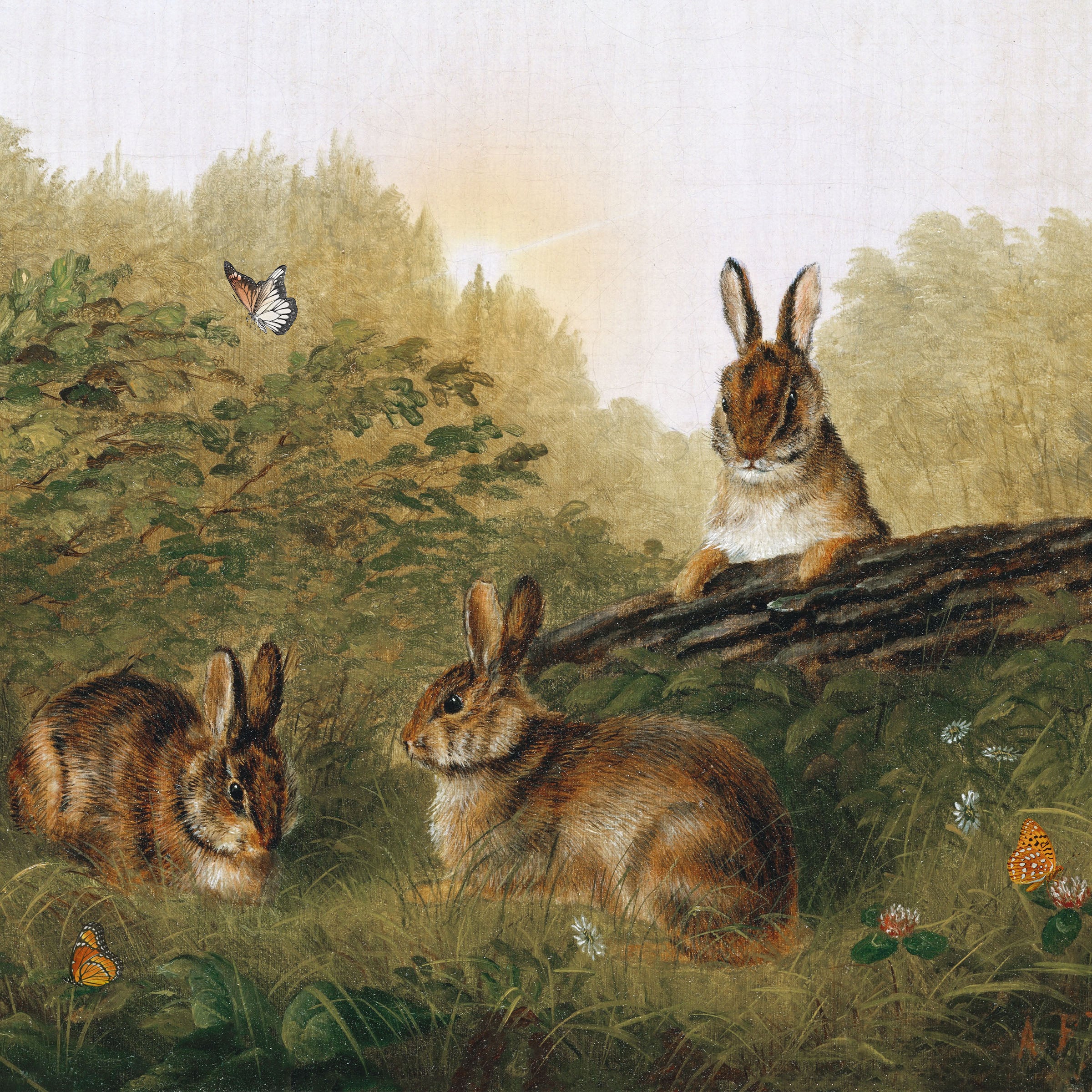 bunnies on a log